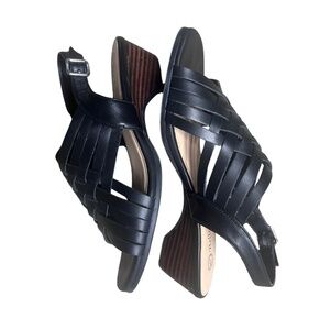 Bella-Vita Black Leather Woven Slingback Wedges | Size 7.5 WW
